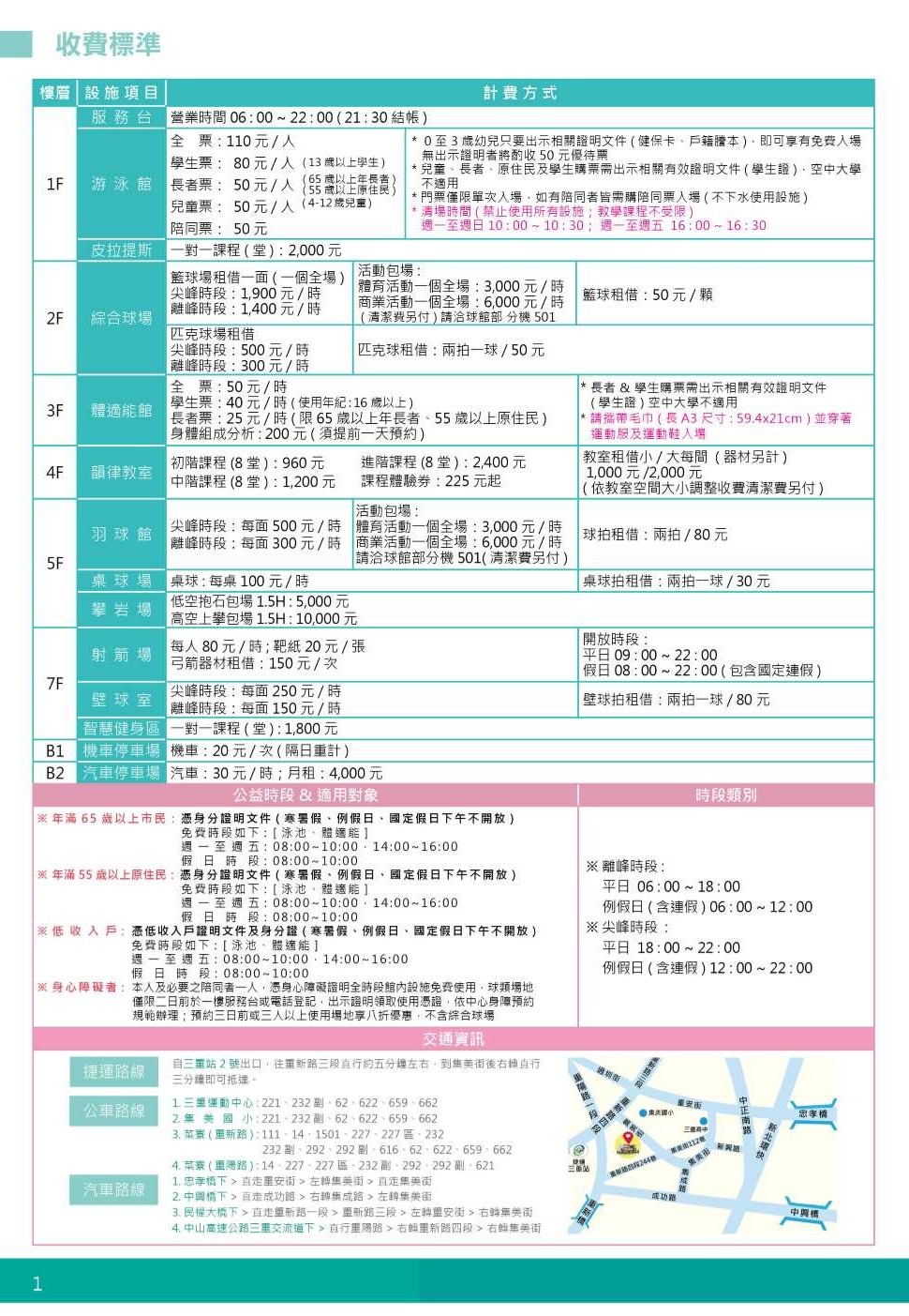 三重國民運動中心收費標準